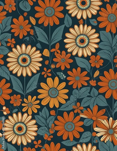 Retro Floral Pattern with Orange and Beige Flowers photo