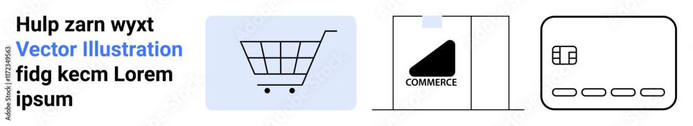 Shopping cart icon, commerce graph with bar chart on computer screen, and credit card icon. Ideal for online shopping, e-commerce platforms, digital transactions, business analytics, retail, payment Shopping cart icon, commerce graph with bar chart on computer screen, and credit card icon. Ideal for online shopping, e-commerce platforms, digital transactions, business analytics, retail, payment