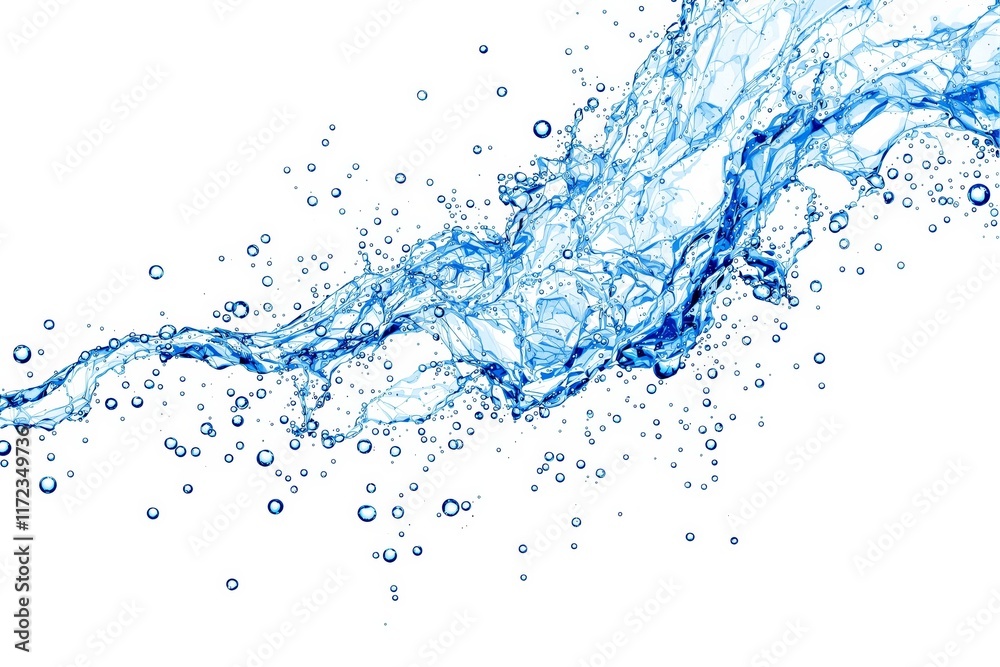 Flowing blue water splash with droplets suspended in motion, detailed and clear, on a plain white background, representing freshness concept. Ai generative Flowing blue water splash with droplets suspended in motion, detailed and clear, on a plain white background, representing freshness concept. Ai generative