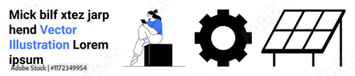 Woman seated on a box reading, accompanied by icons of a gear and a solar panel. Ideal for technology, education, sustainability, engineering, innovation, renewable energy, learning materials