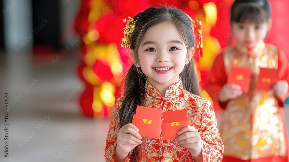 Chinese new year red envelopes concept. Children holding red envelopes with joy, vibrant red and gold ribbons in the background, capturing the warmth of Chinese New Year Chinese new year red envelopes concept. Children holding red envelopes with joy, vibrant red and gold ribbons in the background, capturing the warmth of Chinese New Year