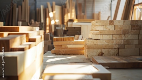 Woodworking shop stacked lumber, sunlight, workshop background.