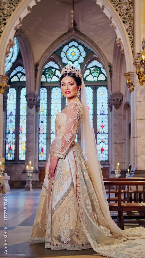 Beautiful Woman in a Golden Dress Standing in a Sunlit Cathedral-Like Hallway, Representing Elegance and Grandeur Beautiful Woman in a Golden Dress Standing in a Sunlit Cathedral-Like Hallway, Representing Elegance and Grandeur