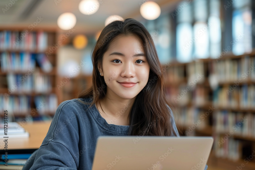 Fototapeta premium Portrait of a Young Asian Female Student Studying in a Library, Engaged and Smiling at the Camera, Surrounded by Bookshelves