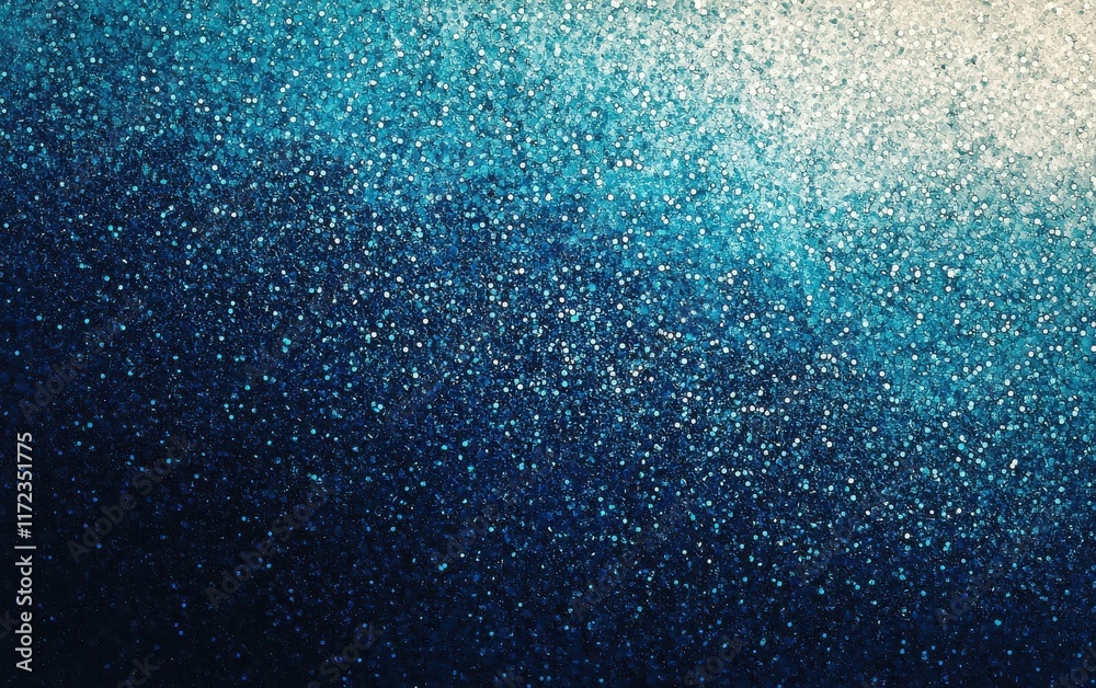 An abstract top-down view of tiny particles transitioning from deep navy blue to soft teal and pale cyan, with light gradually intensifying. 