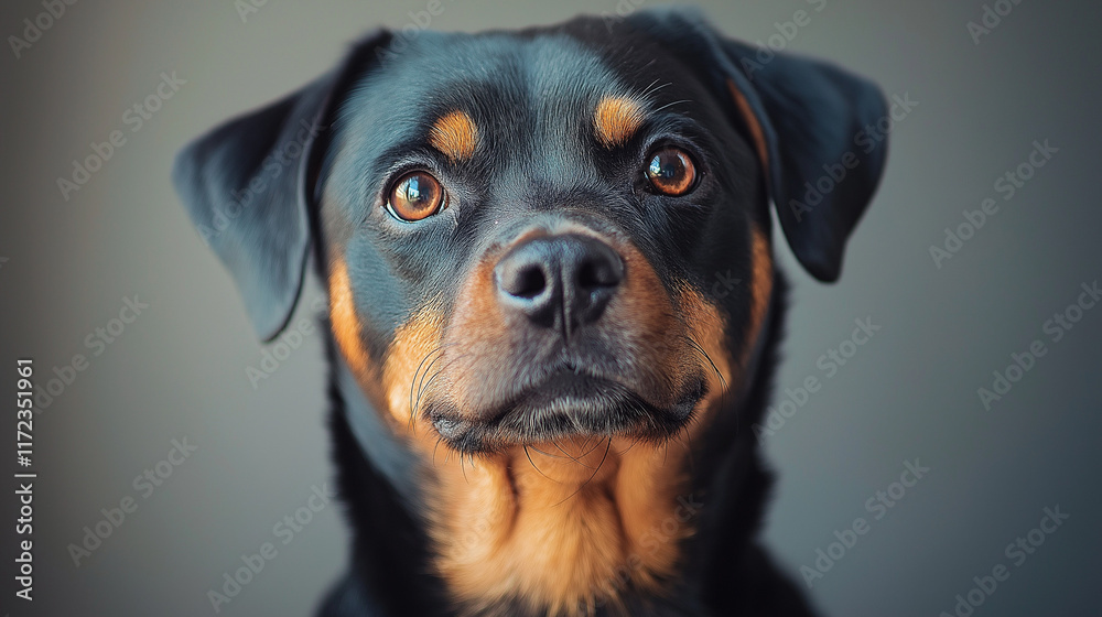 Rottweiler Portrait: A close-up portrait of a Rottweiler with expressive eyes, capturing the loyalty and intelligence of this breed. The dog's gaze is direct and inviting. Rottweiler Portrait: A close-up portrait of a Rottweiler with expressive eyes, capturing the loyalty and intelligence of this breed. The dog's gaze is direct and inviting.