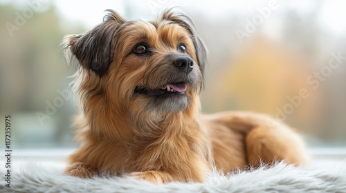 Fuzzy Friend by the Window: A sweet, scruffy dog with soft brown fur and piercing blue eyes looks out the window, bathed in the soft glow of sunlight. photo