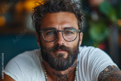 Portrait of a bearded man with glasses in natural light photo