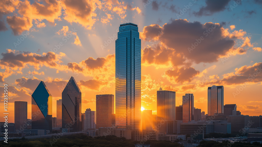 Naklejka premium Sunset city skyline featuring dramatic orange clouds reflecting on modern skyscrapers