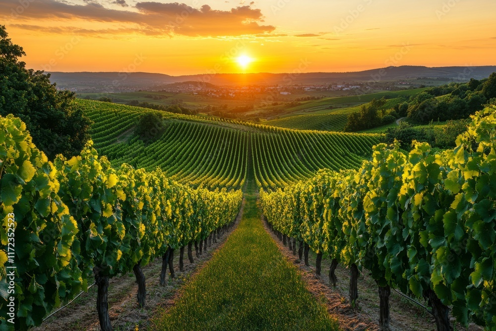 Naklejka premium Golden sunset over rows of grapevines in vineyard