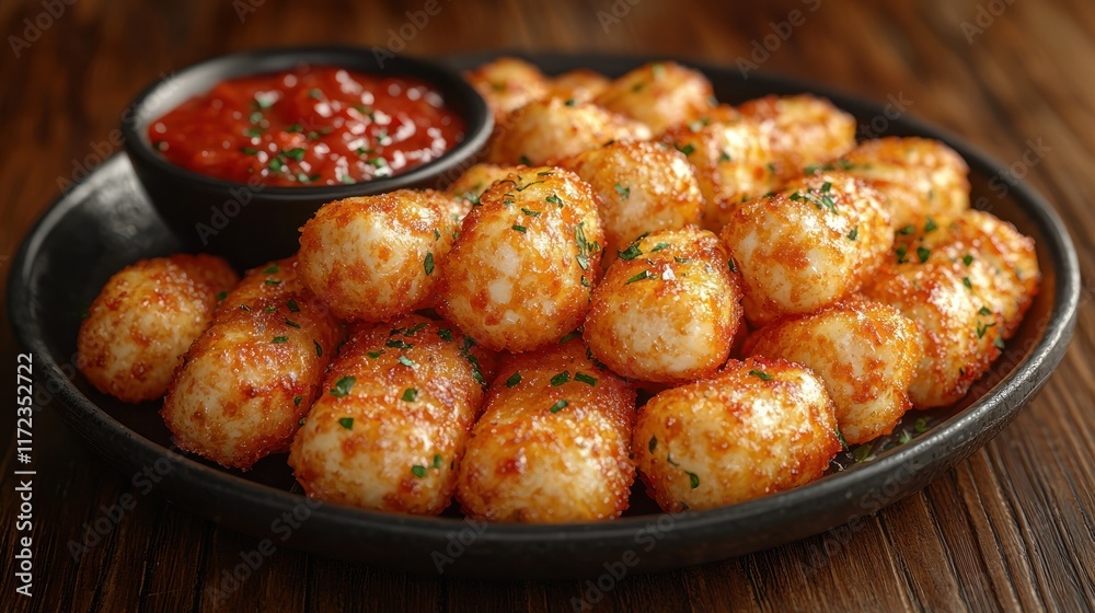 Close-up of fried potato bites with dipping sauce. Close-up of fried potato bites with dipping sauce.