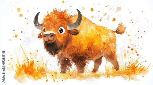 Wallpaper Mural lively watercolor illustration of cute bison in grassy field, showcasing vibrant orange and brown hues Torontodigital.ca
