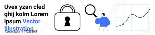 Locked padlock represents security person with magnifying glass inspects adjacent elements line graph showing data trends. Ideal for cybersecurity, data analysis, technology, research, business