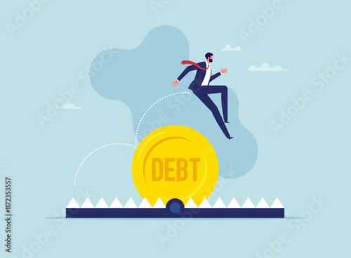 Money trap to trick greed people, financial or investment problem concept, businessman Escaping Debt Trap