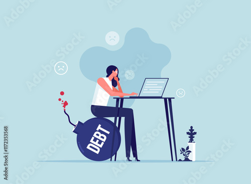 Working hard to earn money to pay off debts, debt pressures, heavy work pressures, financial pressures, businesswoman sitting on debt bomb and trying to work