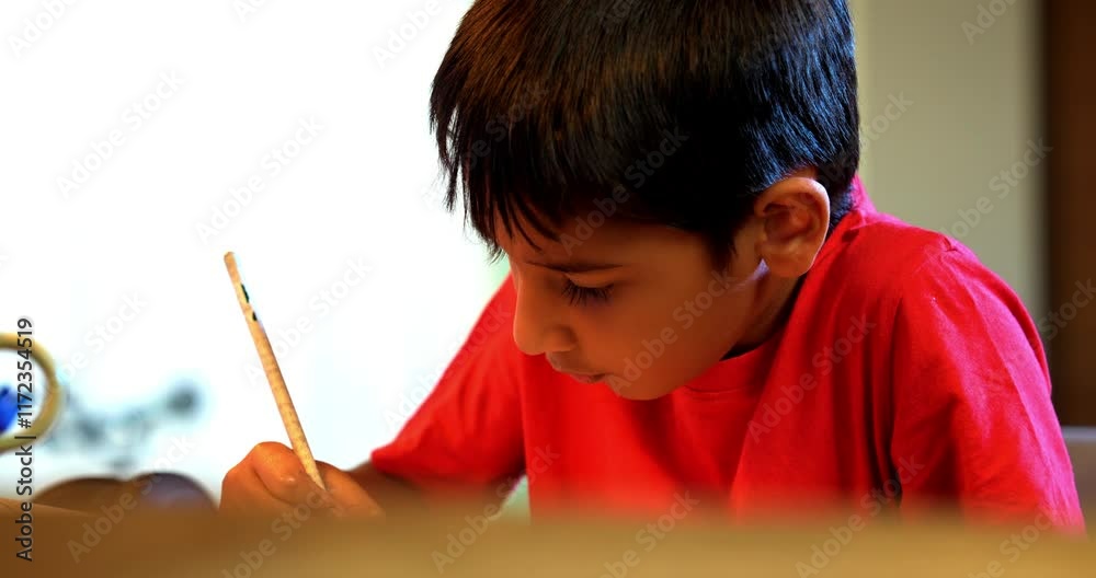 Indian Asian Small Boy Sitting at Desk in Modern Home, Completing Homework or Studying by Writing in Notebook, Focused on Academic Tasks, Highlighting Education, Learning Habits, Daily Study Routine Indian Asian Small Boy Sitting at Desk in Modern Home, Completing Homework or Studying by Writing in Notebook, Focused on Academic Tasks, Highlighting Education, Learning Habits, Daily Study Routine