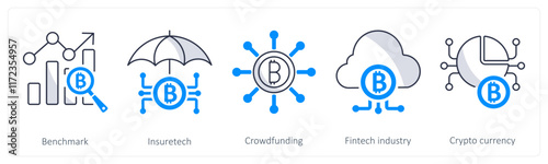 A set of 5 bitcoin icons as benchmark, insuretech, crowdfunding