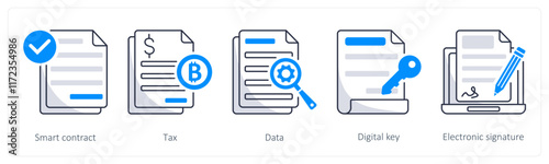 A set of 5 bitcoin icons as smart contract, tax, data