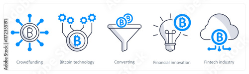 A set of 5 bitcoin icons as crowdfunding, bitcoin technology, converting