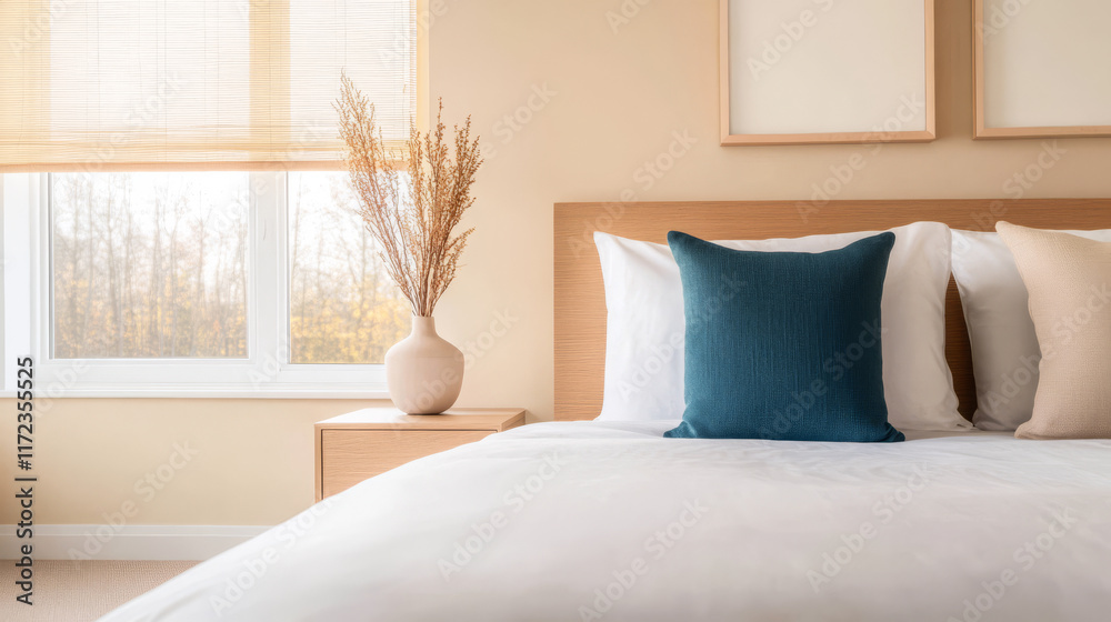 Fototapeta premium Cozy bedroom with simple decor and natural light enhancing the serene atmosphere