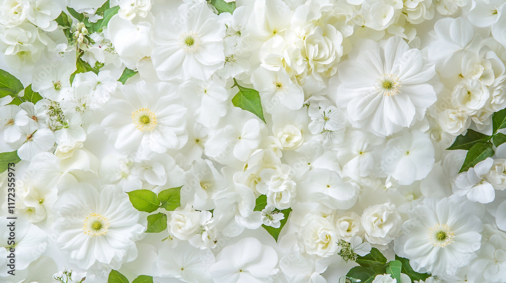 Obraz premium Stunning floral display with white flowers, Elegant white floral assortment with delicate and soft flowers, Detailed texture white background.