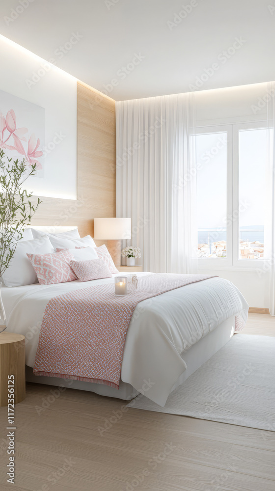 Fototapeta premium Bright and airy bedroom design featuring modern decor and ocean views in daylight