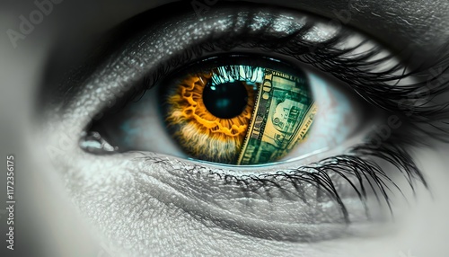 Closeup of a persons eye with money visible in the iris, symbolizing a venal or sellout concept, showcasing greed and materialism in a striking visual