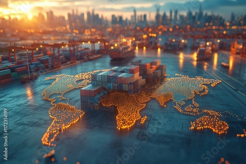Global trade visualization indoor scene world map cargo containers urban environment strategic perspective