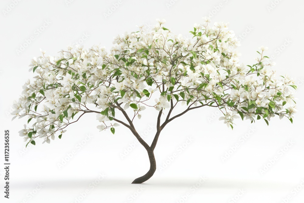 Naklejka premium A virtual 3D Leucophyllum tree showcasing individual blooms and branches swaying against a white background.
