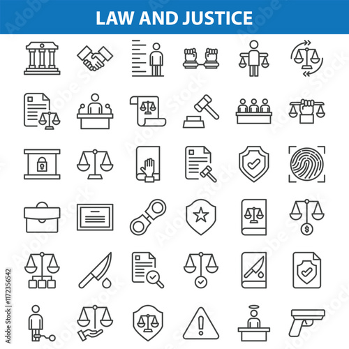 Law and justice line icons collection. Big UI icon set in a flat design. Thin outline icons pack Vector 