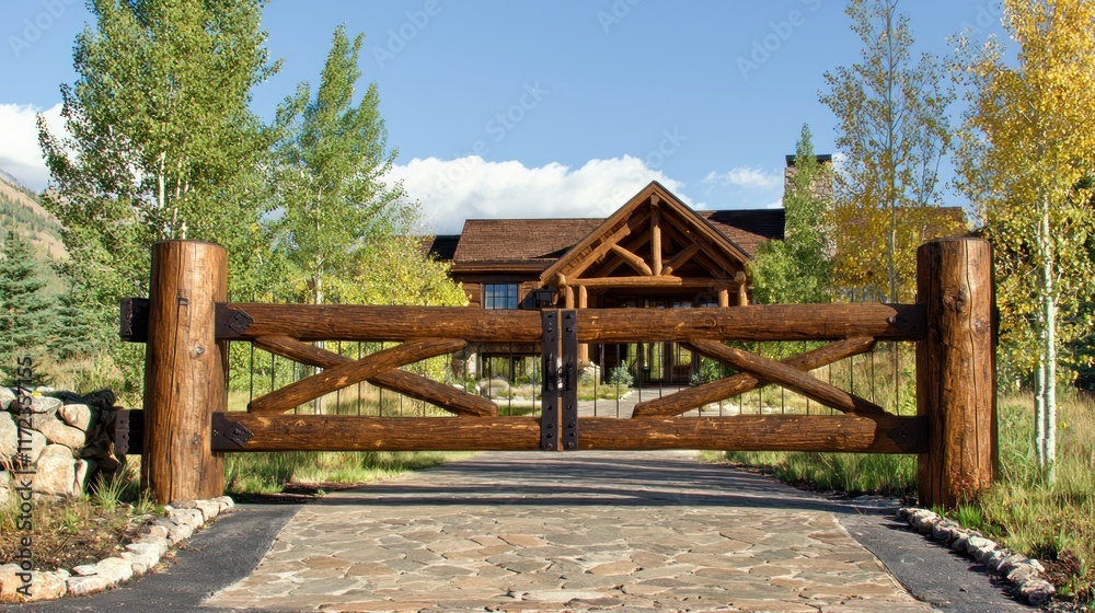 Rustic wooden gate leading to a beautiful lodge in nature. Rustic wooden gate leading to a beautiful lodge in nature.