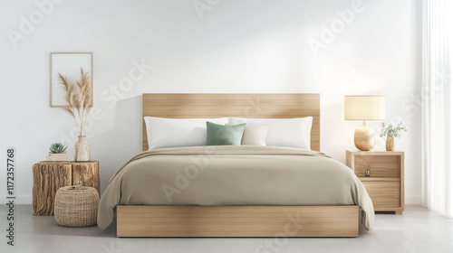 Modern bedroom design featuring a wooden bed and cozy decor elements in a neutral color palette