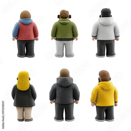 A collection of stylized figures in various hooded outfits, showcasing diverse colors and hairstyles from a rear perspective.
