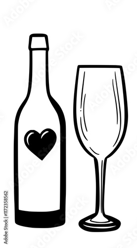 Wine Bottle and Glass Line Art Illustration, Minimalist black and white line art illustration featuring a wine bottle with a heart label and a wine glass, symbolizing celebration or romance.

