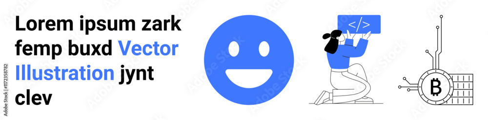 happy face emotion, woman coding at a laptop, and Bitcoin symbol in minimalist style. Ideal for tech blogs, cryptocurrency sites, programming tutorials, fintech apps, educational content, digital happy face emotion, woman coding at a laptop, and Bitcoin symbol in minimalist style. Ideal for tech blogs, cryptocurrency sites, programming tutorials, fintech apps, educational content, digital