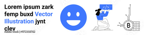 happy face emotion, woman coding at a laptop, and Bitcoin symbol in minimalist style. Ideal for tech blogs, cryptocurrency sites, programming tutorials, fintech apps, educational content, digital