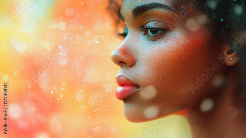 Mystical Portrait: A woman with dark skin and afro hair gazes into the distance, her expression serene and contemplative. The soft, ethereal light adds a sense of wonder and mystery.  