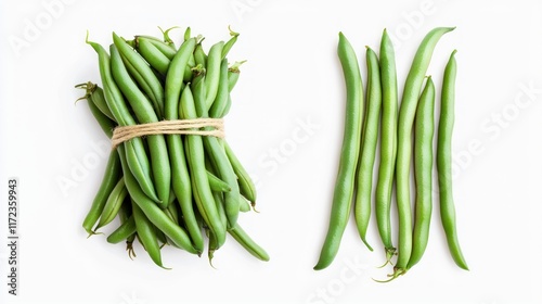 Fresh green beans tied together and arranged neatly.