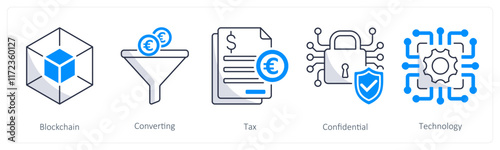 A set of 5 Euro icons as blockchain, converting, tax
