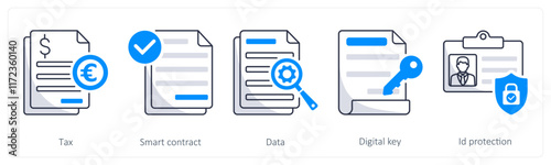 A set of 5 Euro icons as tax, smart contract, data