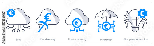 A set of 5 Euro icons as saas, cloud mining, fintech industry