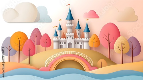 Whimsical fairytale castle scene fantasy landscape paper art nature soft colors childlike imagination photo