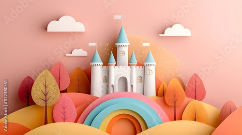 Colorful castle scene with rainbow fantasy landscape digital art whimsical environment front view cheerful concept