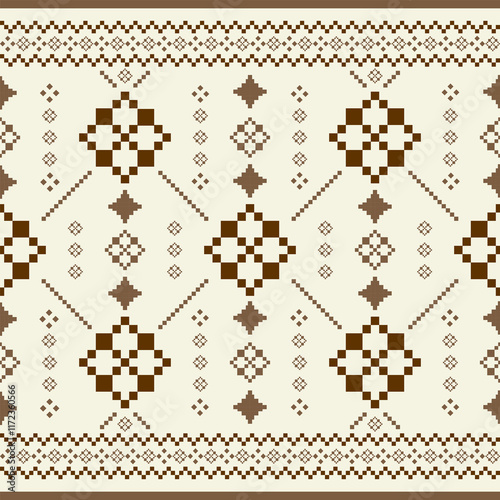 Warm Elegance Luxury Brown Pixel Embroidery Exquisitely Weaves. Delicate Abstract Ethic Pattern on Beige Background Detailed Traditional Royal Geometric Border Twinkle And Bling Tatami Seamless Design