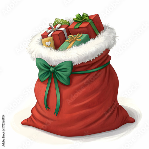 Santa’s magical bag overflowing with beautifully wrapped gifts on white background