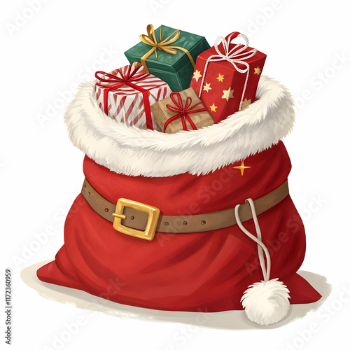 Santa’s magical bag overflowing with beautifully wrapped gifts on white background