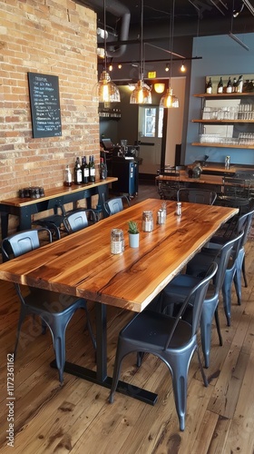 Dining experience in rustic restaurant urban location interior decor cozy vibe inviting atmosphere