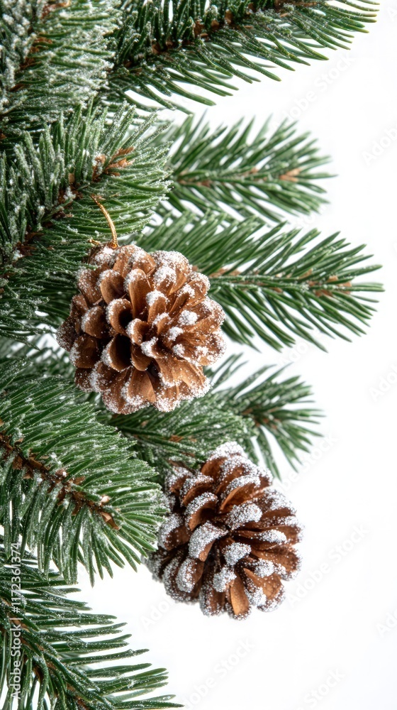 Close-up of two snow-dusted pine cones on a fir branch against a white background. Close-up of two snow-dusted pine cones on a fir branch against a white background.
