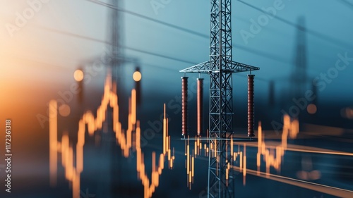 A close-up view of power lines and a transmission tower with a digital graph overlay, symbolizing energy trends and data analysis.