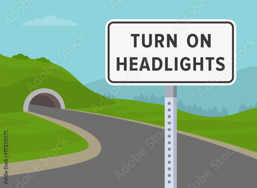 Traffic regulations tips and rules. Close-up of "turn on headlights" road sign installed before tunnel. Empty road in mountainous area. Flat vector illustration template.